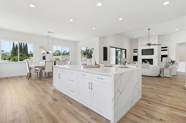 Dining room, Fireplace, Interior, Kitchen, Living room, Pendant Lights, Recessed Lighting, Wood Texture Flooring