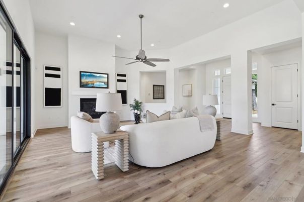 Fireplace, Interior, Living room, Recessed Lighting, Wood Texture Flooring