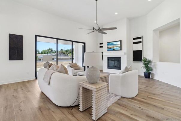 Fireplace, Interior, Living room, Recessed Lighting, Wood Texture Flooring