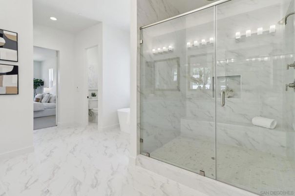Bathroom, Glass Shower, Interior, Marble, Marble Walls, Recessed Lighting