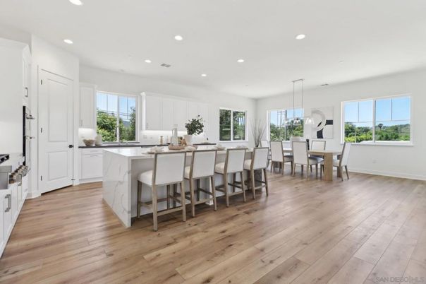 Dining room, Interior, Kitchen, Pendant Lights, Recessed Lighting, Wood Texture Flooring