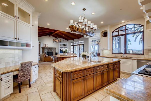 Chandelier, Fireplace, Interior, Kitchen, Living room, Recessed Lighting, Stainless Steel Appliances, Wooden Beams