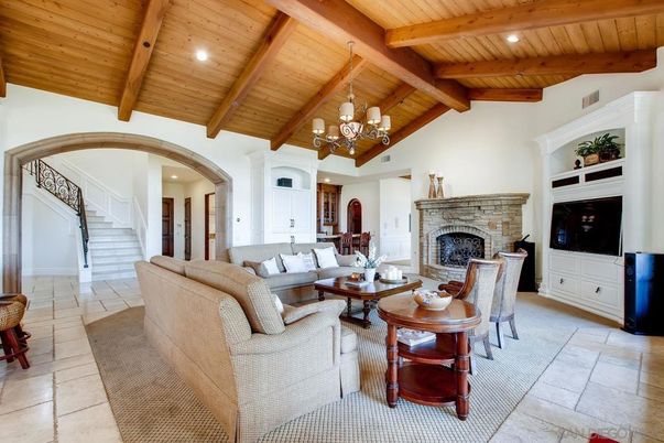 Chandelier, Fireplace, Interior, Living room, Recessed Lighting, Wooden Beams, Wooden Ceilings