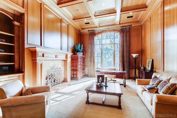 Fireplace, Home Office, Interior, Living room, Recessed Lighting, Wooden Beams, Wooden Ceilings, Wooden Walls