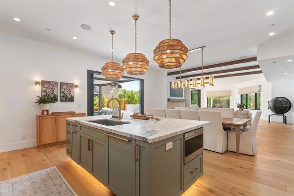 Dining room, Interior, Kitchen, Pendant Lights, Recessed Lighting, Wooden Beams, Wood Texture Flooring