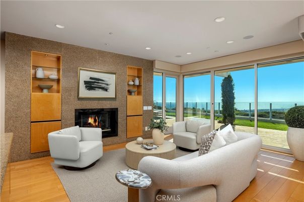 Fireplace, Interior, Living room, Recessed Lighting, Water, Wood Texture Flooring