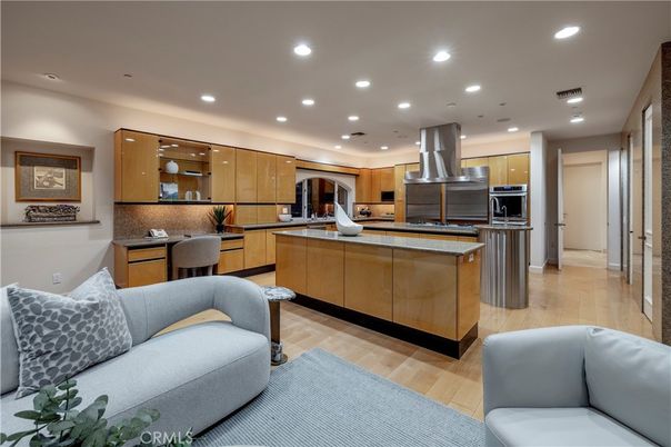 Interior, Kitchen, Living room, Recessed Lighting, Stainless Steel Appliances, Wood Texture Flooring
