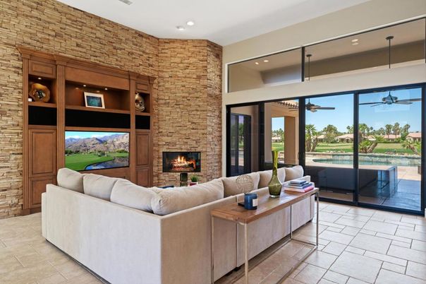 Fireplace, Interior, Living room, Recessed Lighting, Stone Walls