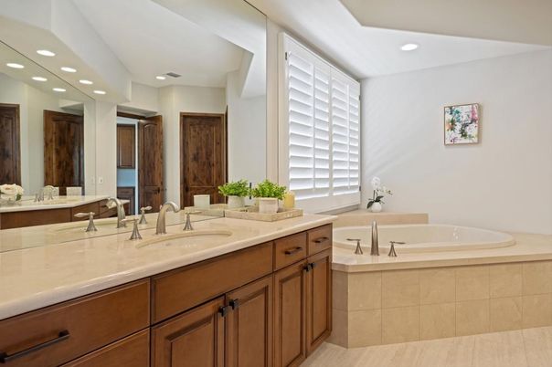 Bathroom, Dual Sink Vanities, Interior, Recessed Lighting, Wood Texture Flooring