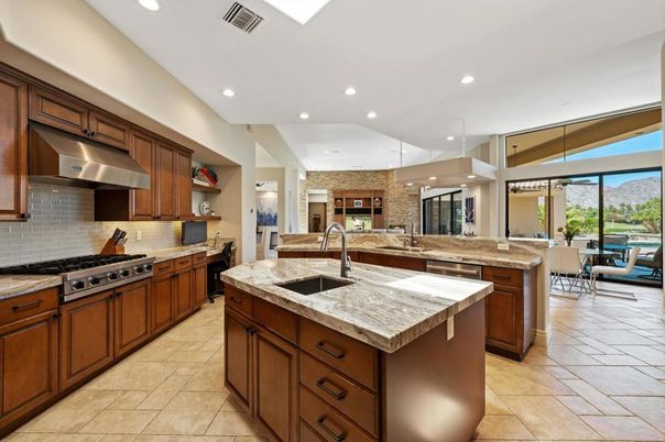 Interior, Kitchen, Pendant Lights, Recessed Lighting, Stainless Steel Appliances, Stone Walls