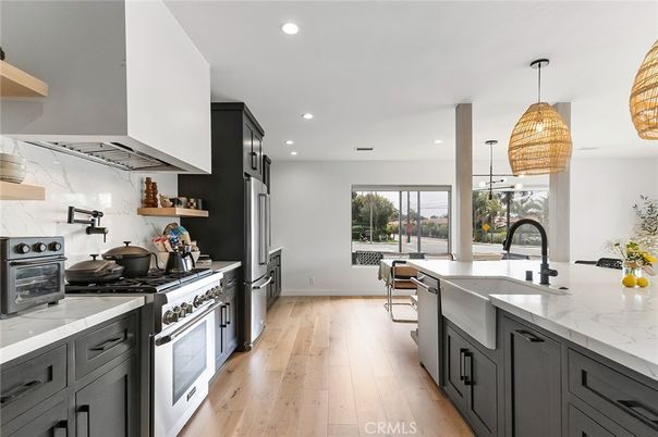 Interior, Kitchen, Pendant Lights, Recessed Lighting, Stainless Steel Appliances, Wood Texture Flooring