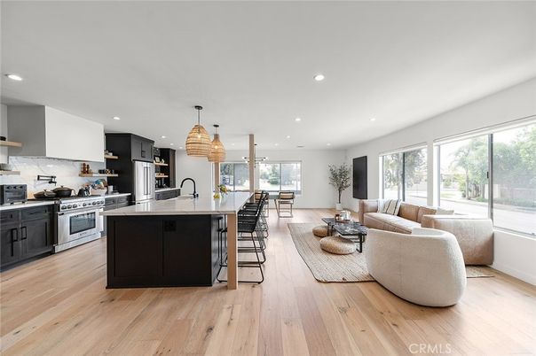 Interior, Kitchen, Living room, Pendant Lights, Recessed Lighting, Stainless Steel Appliances, Wood Texture Flooring