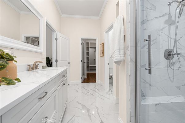 Bathroom, Dual Sink Vanities, Glass Shower, Interior, Marble, Marble Walls