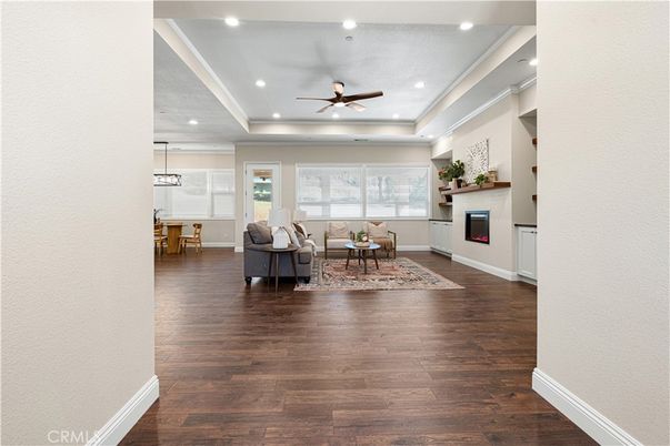 Dining room, Interior, Living room, Pendant Lights, Recessed Lighting, Wood Texture Flooring