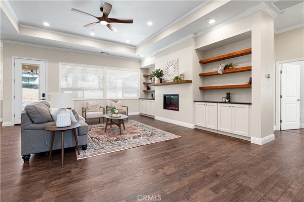 Fireplace, Interior, Living room, Recessed Lighting, Wood Texture Flooring