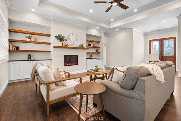 Fireplace, Interior, Living room, Recessed Lighting, Wood Texture Flooring