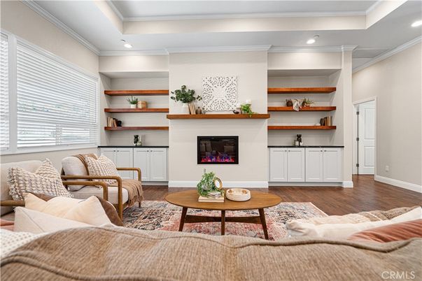 Fireplace, Interior, Living room, Recessed Lighting, Wood Texture Flooring