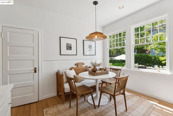 Dining room, Interior, Pendant Lights, Recessed Lighting, Wood Texture Flooring