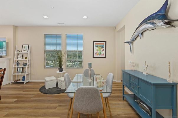 Dining room, Fireplace, Interior, Recessed Lighting, Wood Texture Flooring