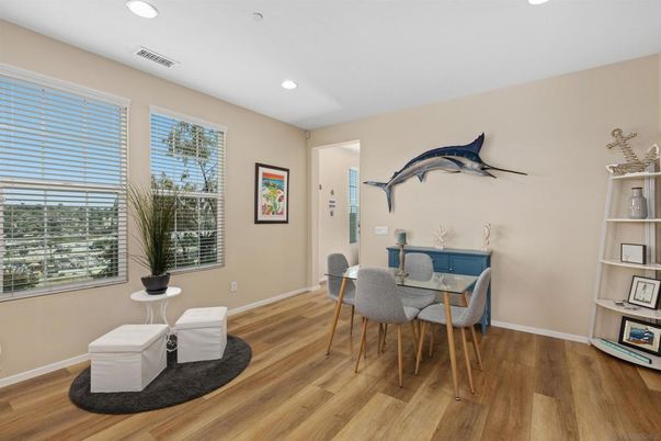 Dining room, Interior, Recessed Lighting, Wood Texture Flooring