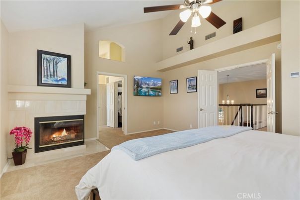 Bedroom, Fireplace, Interior, Pendant Lights
