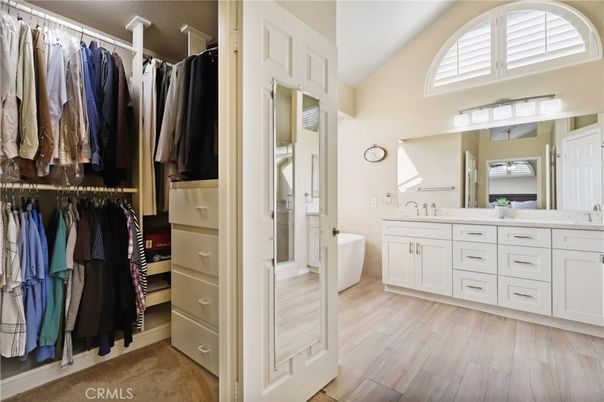 Bathroom, Dual Sink Vanities, Interior, Walk-in Closets, Wood Texture Flooring