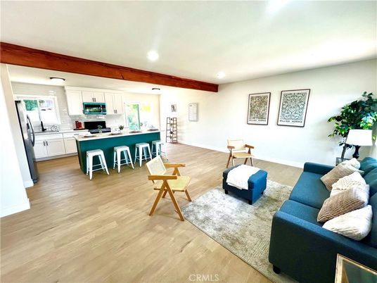 Interior, Kitchen, Living room, Recessed Lighting, Stainless Steel Appliances, Wooden Beams, Wood Texture Flooring