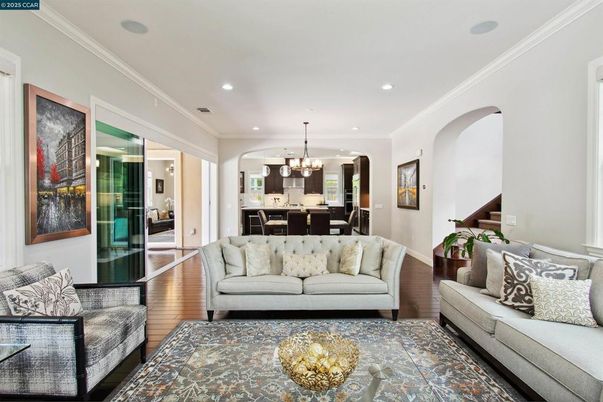 Chandelier, Dining room, Interior, Kitchen, Living room, Pendant Lights, Recessed Lighting, Wood Texture Flooring