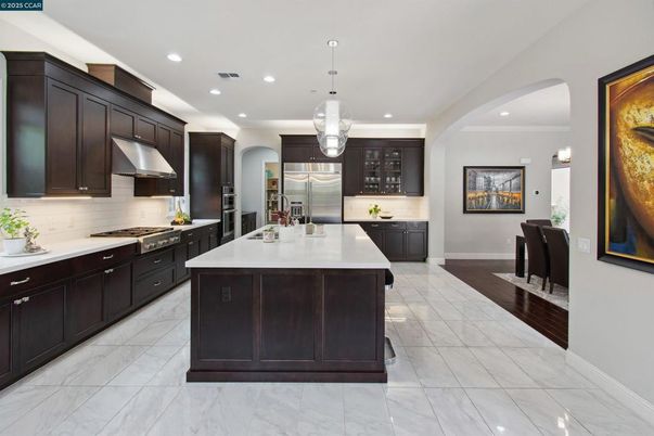 Interior, Kitchen, Marble, Pendant Lights, Recessed Lighting, Stainless Steel Appliances