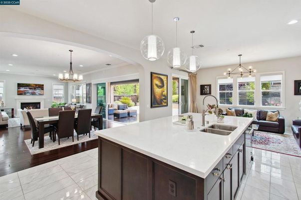 Chandelier, Dining room, Fireplace, Interior, Kitchen, Living room, Pendant Lights, Recessed Lighting