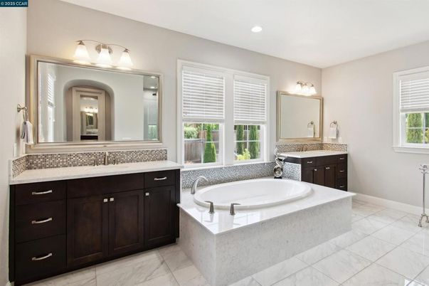 Bathroom, Dual Sink Vanities, Interior, Marble, Recessed Lighting