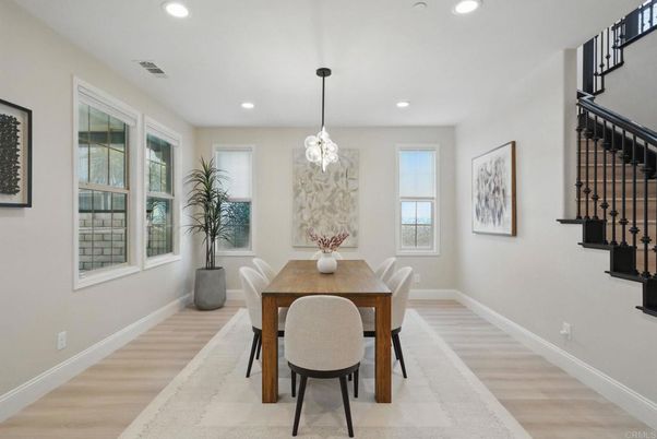 Dining room, Interior, Pendant Lights, Recessed Lighting, Wood Texture Flooring