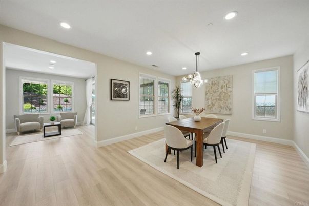 Dining room, Interior, Living room, Pendant Lights, Recessed Lighting, Wood Texture Flooring