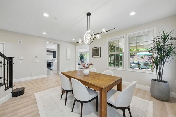 Dining room, Interior, Pendant Lights, Recessed Lighting, Wood Texture Flooring
