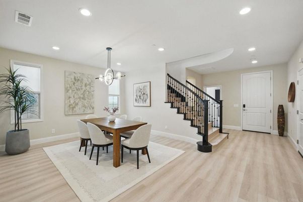 Dining room, Interior, Pendant Lights, Recessed Lighting, Wood Texture Flooring