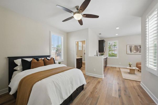 Bedroom, Interior, Recessed Lighting, Wood Texture Flooring