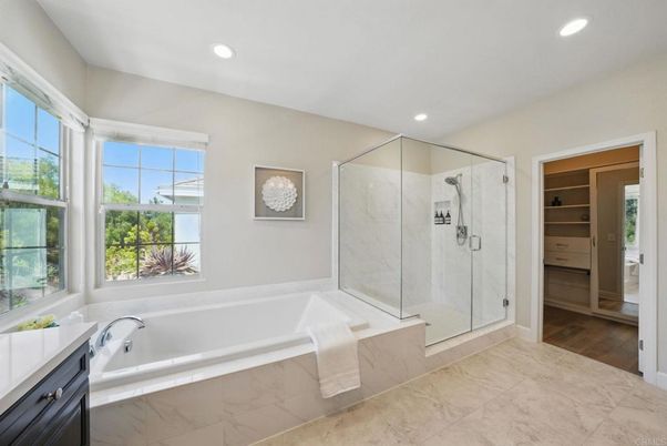 Bathroom, Glass Shower, Interior, Recessed Lighting, Wood Texture Flooring