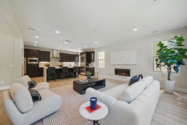 Fireplace, Interior, Kitchen, Living room, Recessed Lighting, Stainless Steel Appliances, Wood Texture Flooring