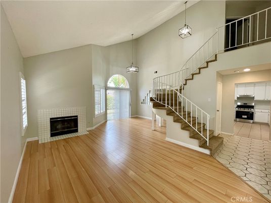 Fireplace, Interior, Kitchen, Pendant Lights, Recessed Lighting, Wood Texture Flooring