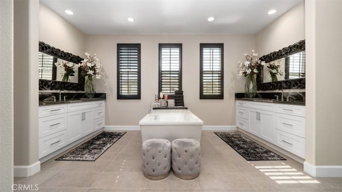 Bathroom, Dual Sink Vanities, Free Standing Baths, Interior, Recessed Lighting