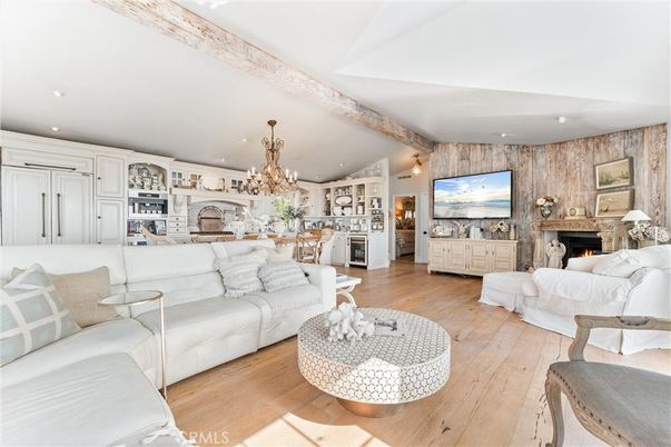 Chandelier, Dining room, Fireplace, Interior, Kitchen, Living room, Recessed Lighting, Wooden Beams, Wood Texture Flooring
