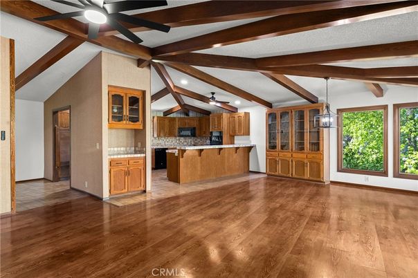 Empty room, Interior, Kitchen, Pendant Lights, Wooden Beams, Wood Texture Flooring