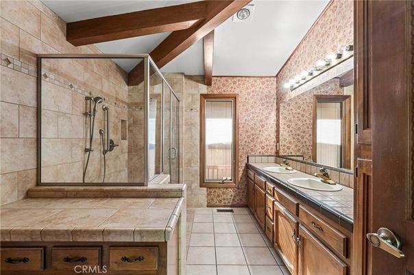 Bathroom, Dual Sink Vanities, Glass Shower, Interior, Tile Countertops, Wooden Beams