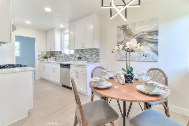 Dining room, Interior, Kitchen, Recessed Lighting, Stainless Steel Appliances, Wood Texture Flooring