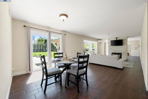 Dining room, Fireplace, Interior, Living room, Wood Texture Flooring
