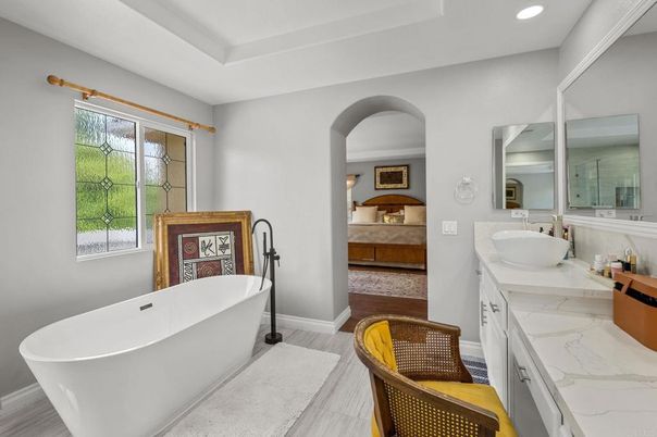 Bathroom, Dual Sink Vanities, Free Standing Baths, Interior, Recessed Lighting, Wood Texture Flooring