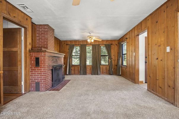 Empty room, Fireplace, Interior, Stone Walls, Wooden Walls