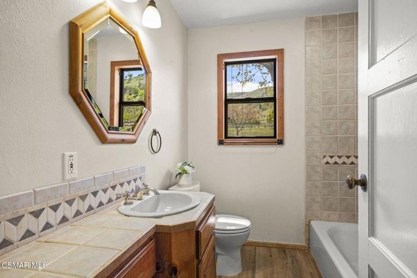 Bathroom, Interior, Tile Countertops, Wood Texture Flooring