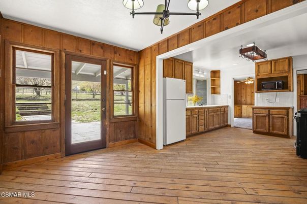 Interior, Kitchen, Pendant Lights, Recessed Lighting, Wood Texture Flooring, Wooden Walls