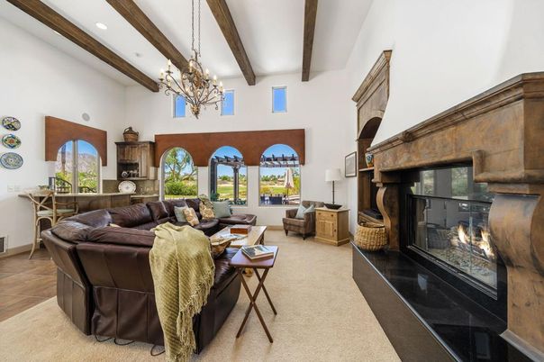 Chandelier, Fireplace, Interior, Living room, Recessed Lighting, Wooden Beams